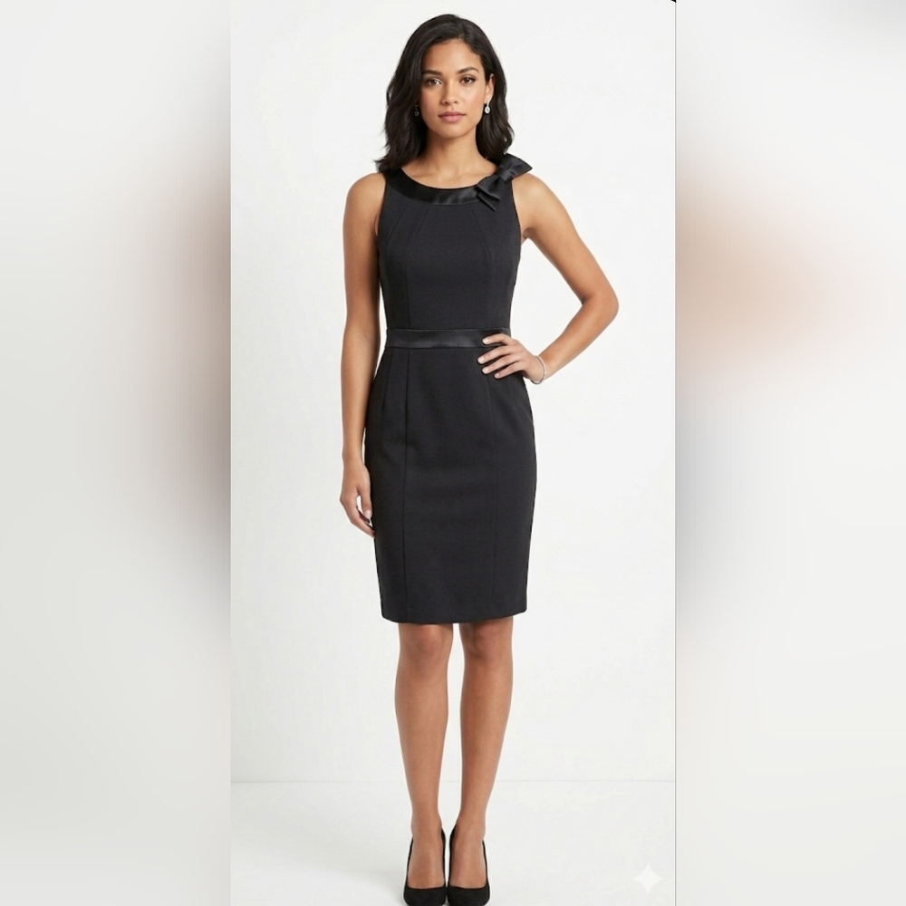 Jacob Black Sleeveless Sheath Dress with Satin Waistband and Bow size: L